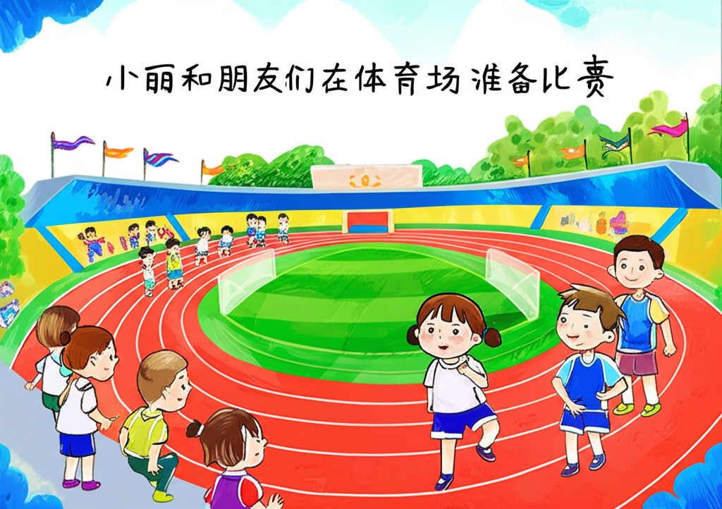 小丽和朋友们在体育场准备比赛